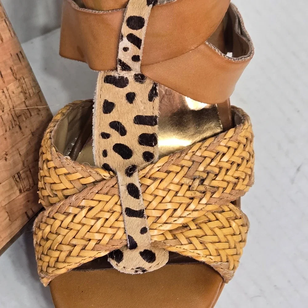 Carlos by Carlos Santana Carley Tan Leopard Cork 5in Wedge Sandals 7M